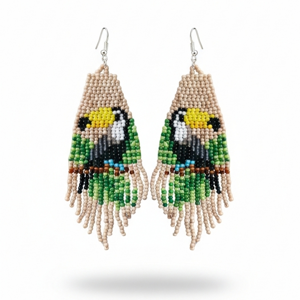 🆕️ Handcrafted Beaded Bird Earrings - Green and Yellow